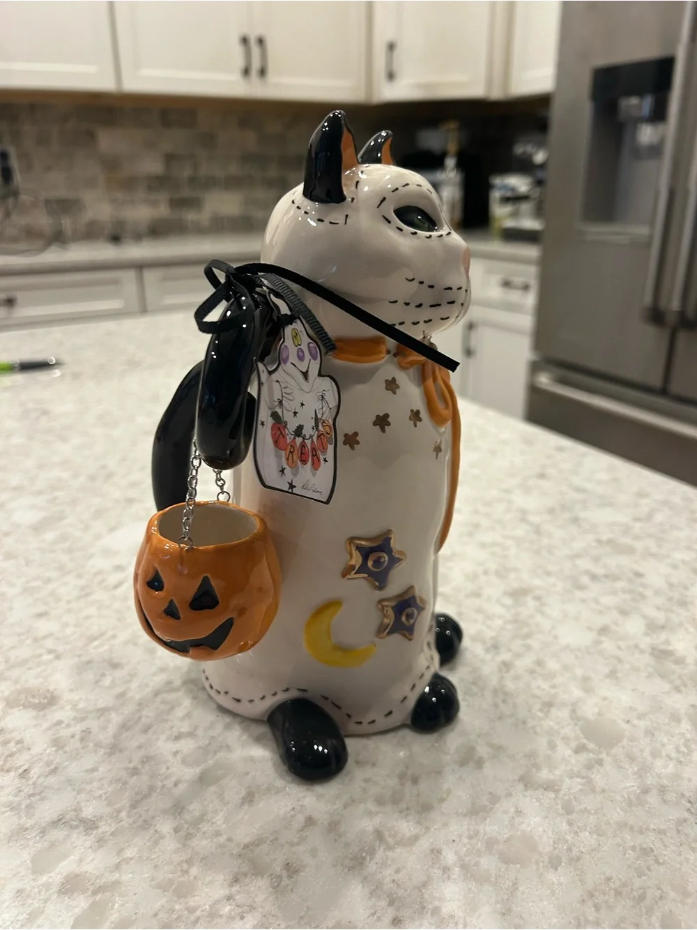 “New” Blue Sky Clayworks White Ceramic Cat with Orange Bow and Accents